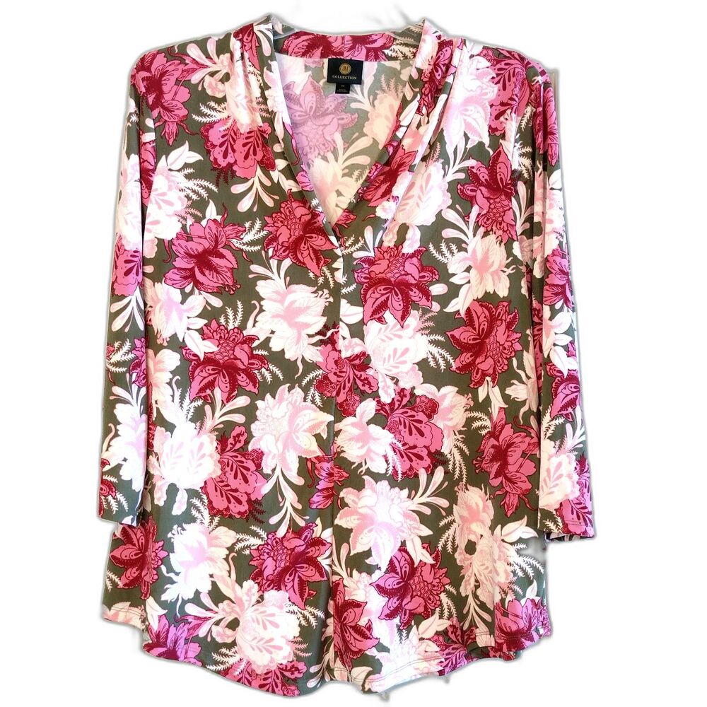 JM Collection Pink Floral 3/4 Sleeve Popover V Neck Stretch Blouse 2XL